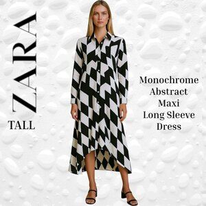 Zara Monochrome Abstract Long Sleeve Maxi Dress Size M - TALL